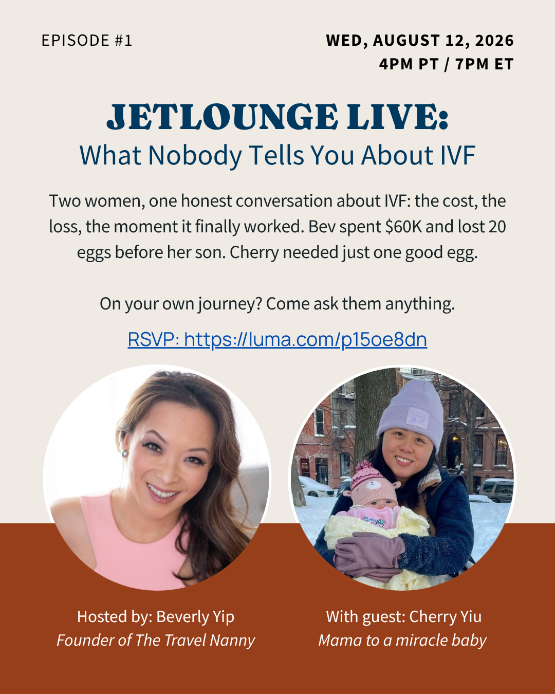 JetLounge LIVE, What Nobody Tells You About IVF. August 12, 2026 at 4pm PT and 7pm ET.